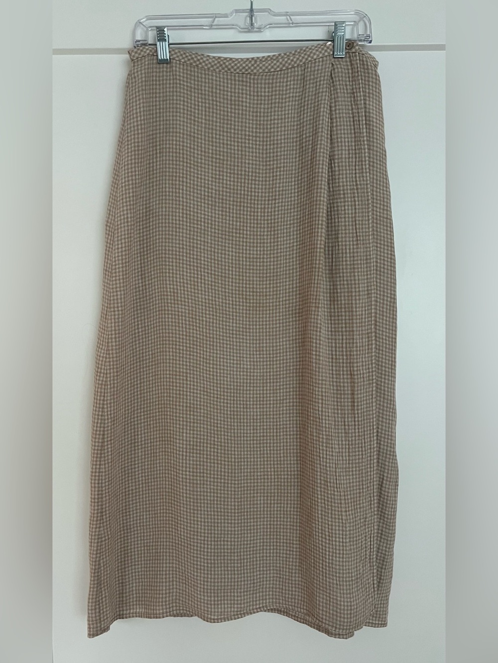 Eileen Fisher Organic Linen Midi Wrap Skirt Light Brown Cream Gingham Size Small
